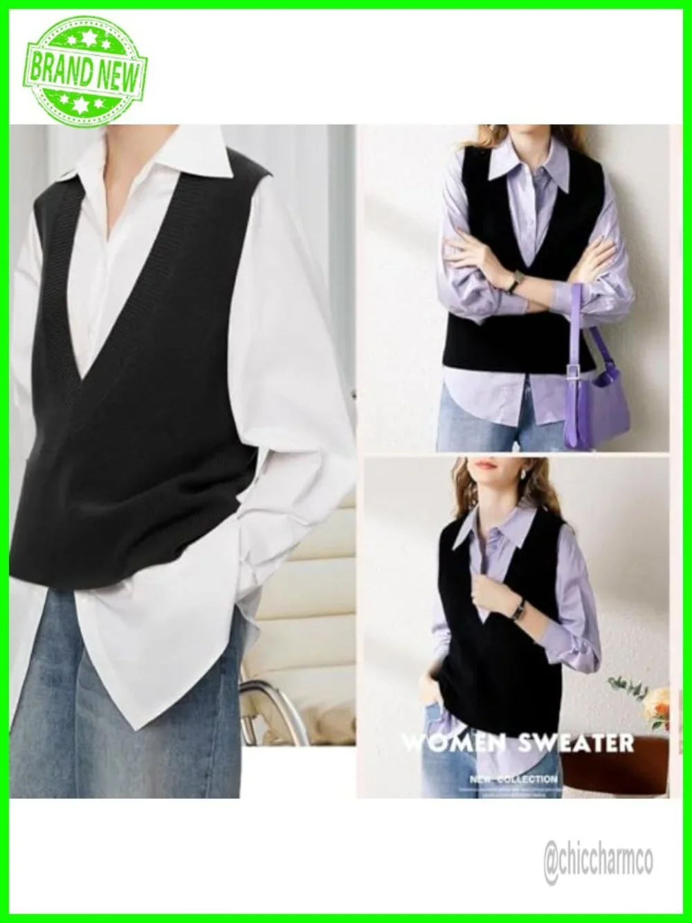 V Neck Sleeveless Knit Cropped Sweater Vest - Casual Pullover Top
